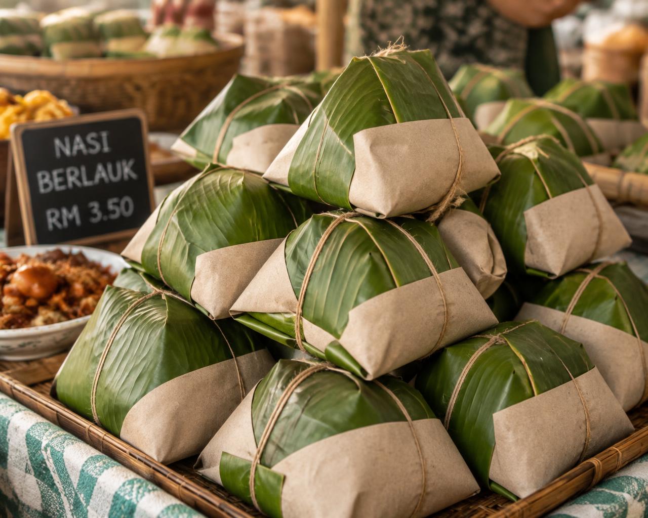 Bungkusan nasi berlauk dalam daun pisang dan kertas coklat di gerai pagi
